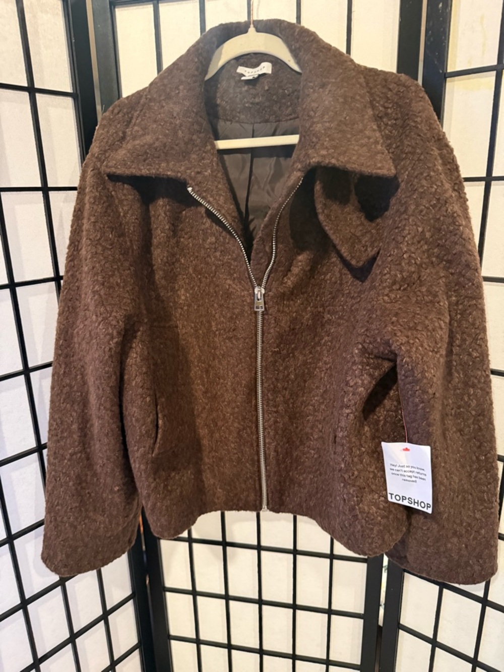 Topshop Brown Textured Teddy Jacket NWT Zip‎ Front Cropped Coat XS US 0
